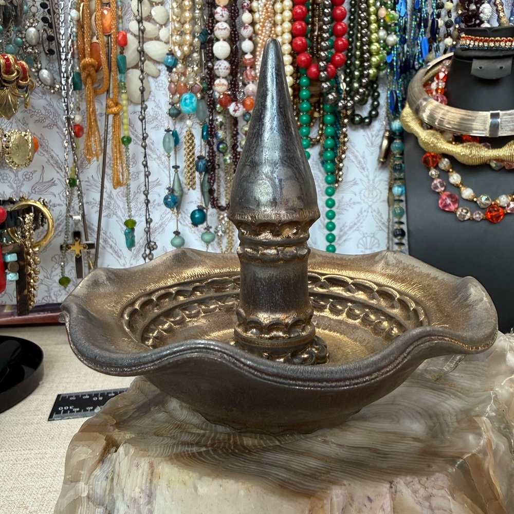 Handmade Ceramic Ring Dish in Antiqued Golddtone Glaze